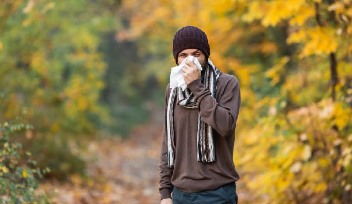 Man Sneezing in the Fall